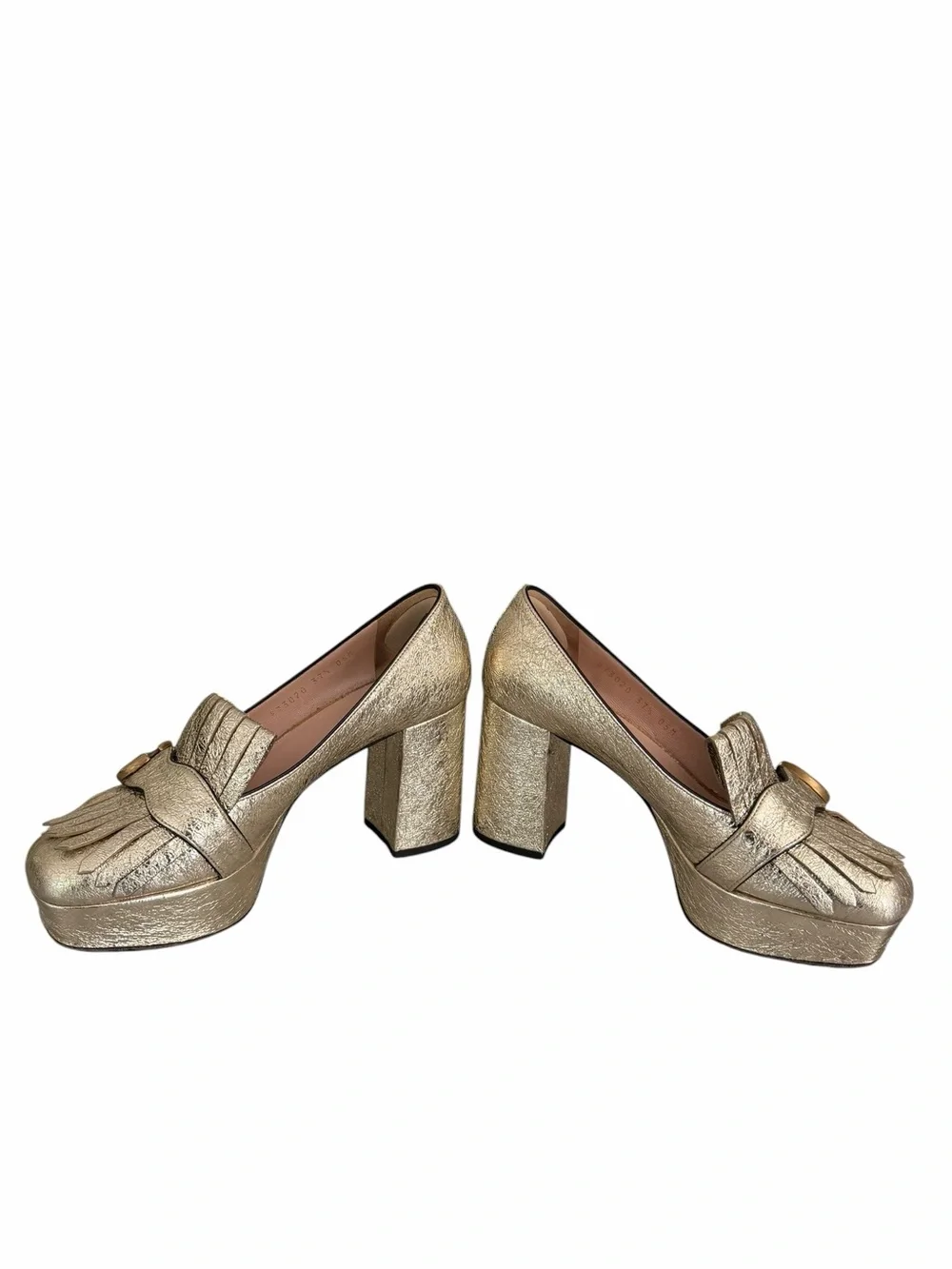 Gucci Gold Leather Galassia Platino Marmont  GG Platform Block Heels Size 37.5